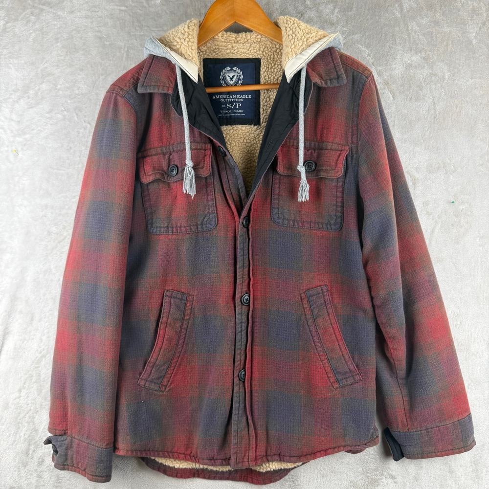 American Eagle Mens Red Plaid Sherpa Lined Hooded Flannel Shirt Jacket Small S/P